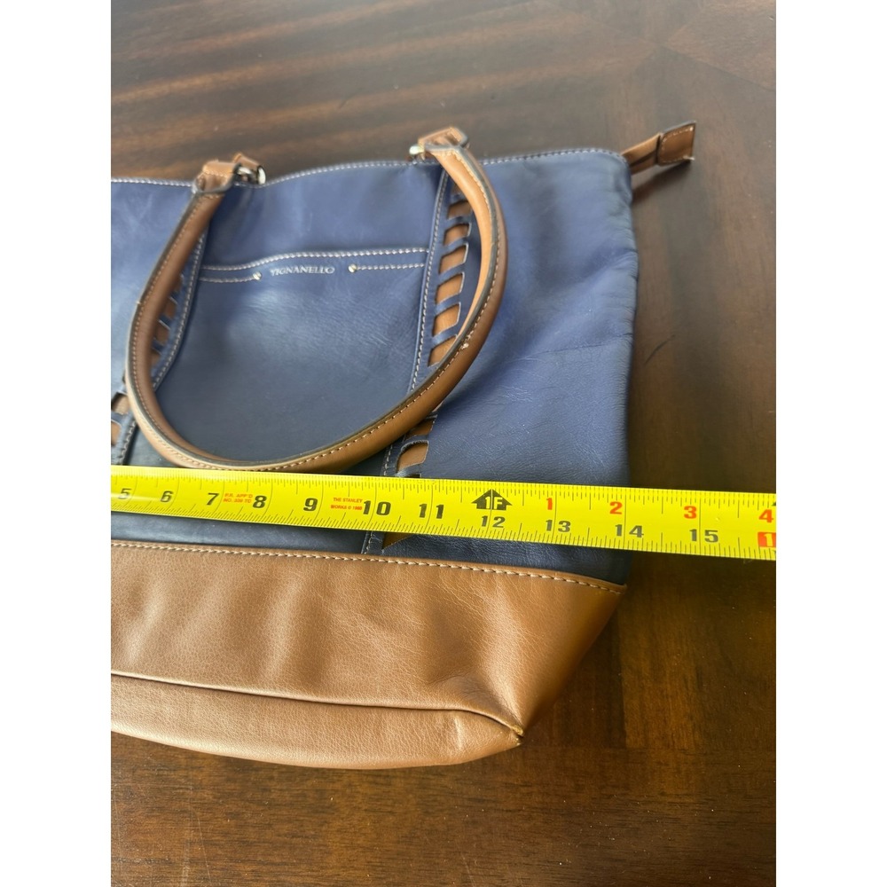Tignanello Leather Tote Bag Navy‎ Blue Brown Shoulder Handbag Large - Picture 10 of 13